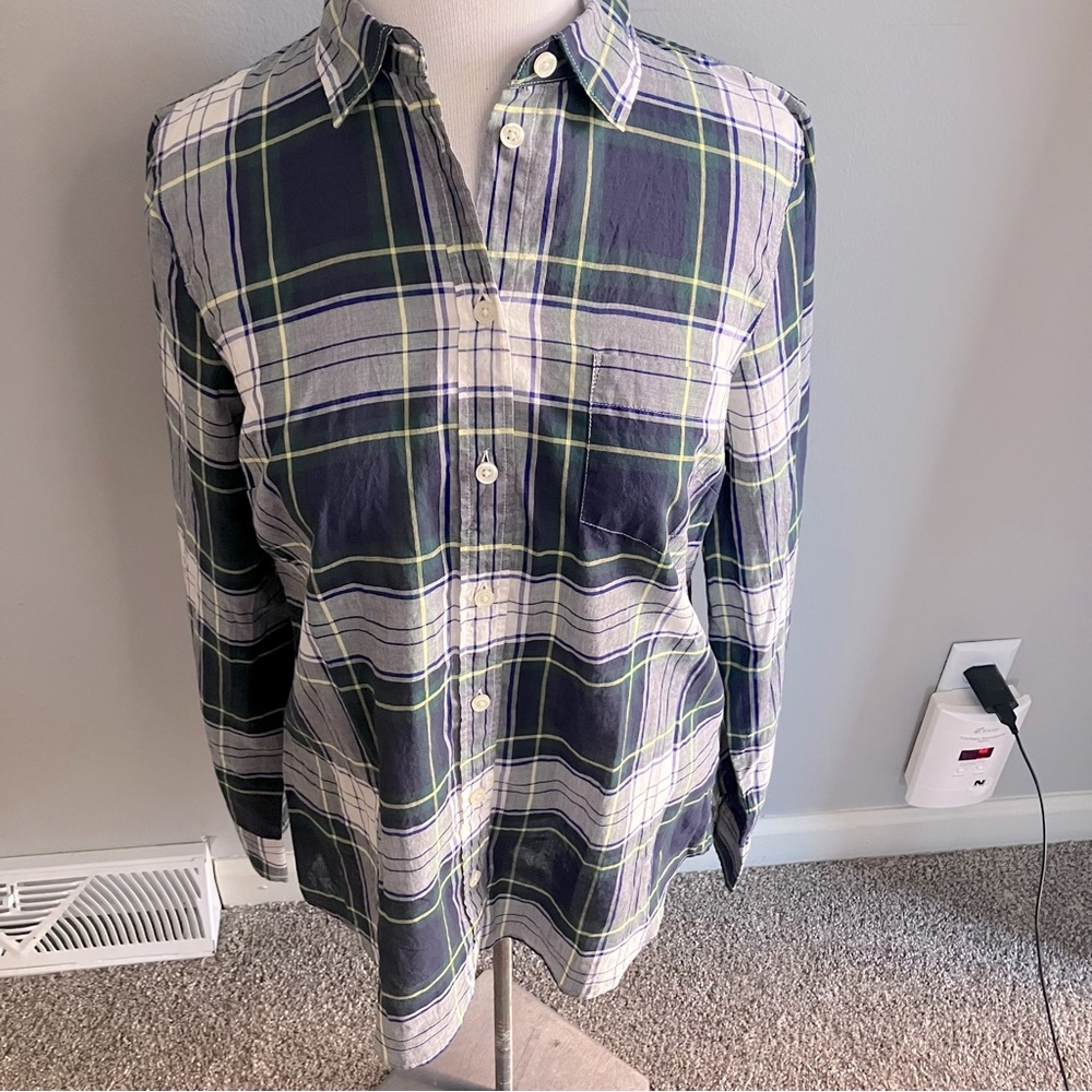 J. Crew Women’s Tartan Plaid Button Down Shirt Blue Green White Small Top Ginny